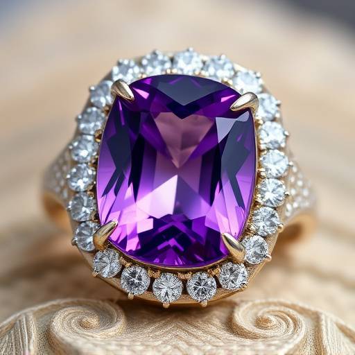 Anello con una grande ametista centrale, circondata da piccoli diamanti