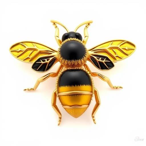 Close-up di una spilla a forma di ape realizzata in oro giallo e decorata con smalto nero e giallo