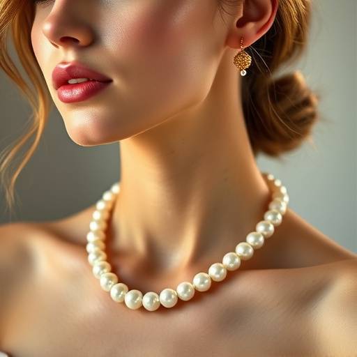 Modella che indossa una parure composta da collana e orecchini in oro bianco con perle