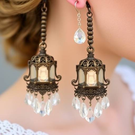 Orecchini pendenti a forma di lampade rinascimentali, realizzati in bronzo e decorati con cristalli