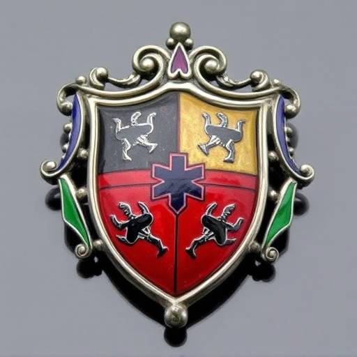 Spilla a forma di scudo araldico, realizzata in argento e smalto colorato
