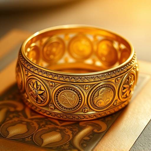 Un bracciale rigido in oro giallo con incisioni che richiamano i motivi dei palazzi rinascimentali